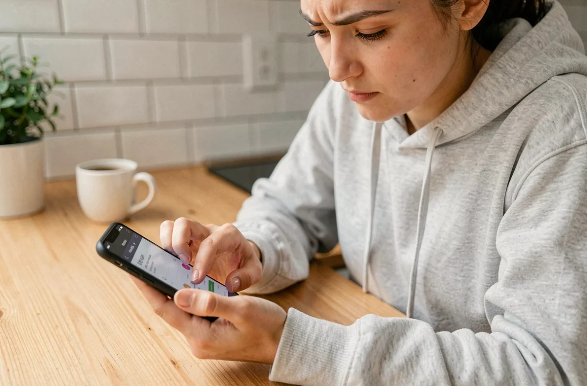 Jeune femme créant une adresse Yahoo Mail sur son smartphone Android dans une cuisine moderne