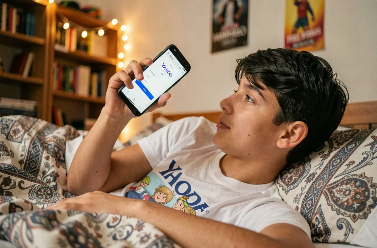 Adolescent allongé sur son lit créant une adresse Yahoo sur smartphone Android
