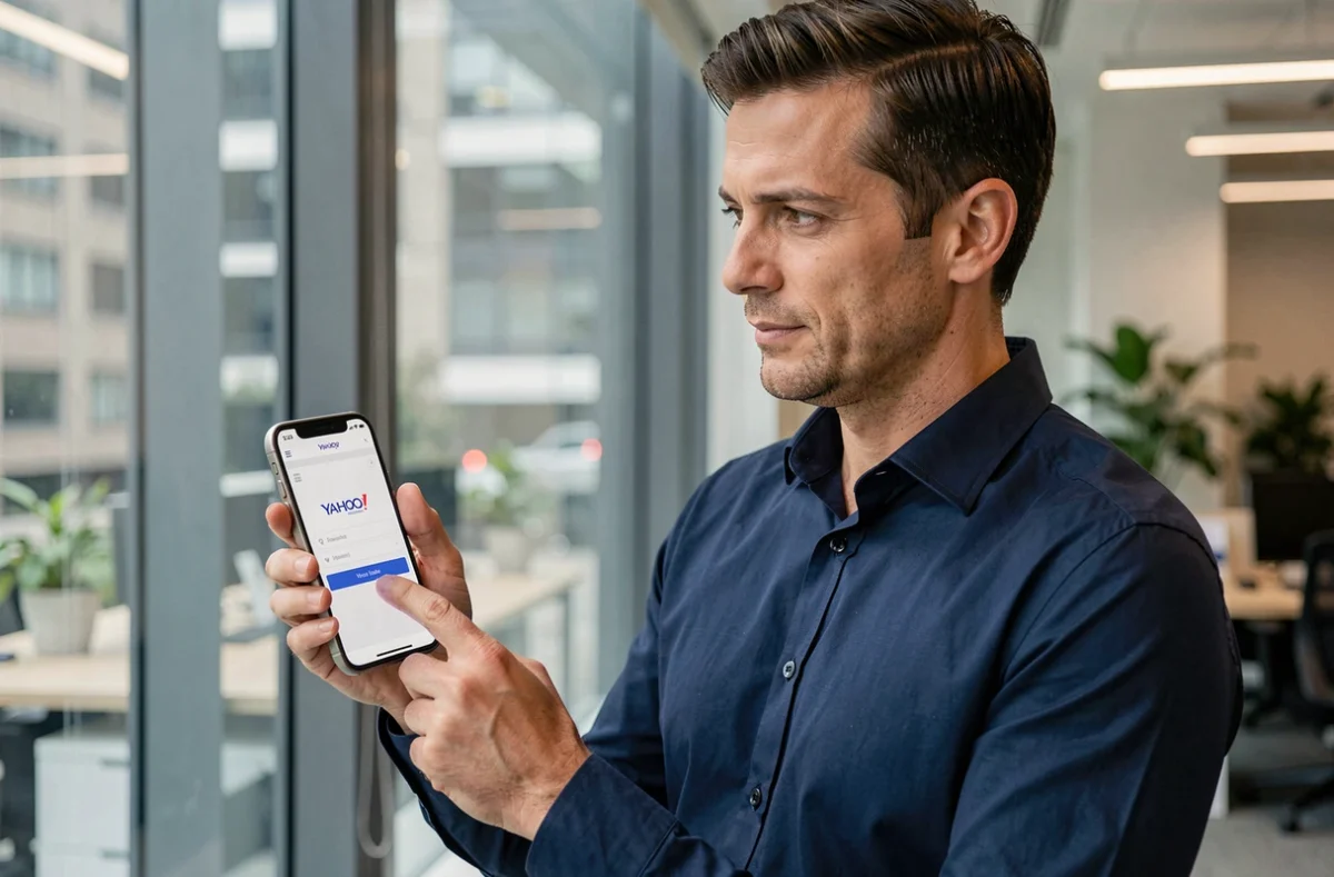 Homme créant un compte Yahoo Mail sur iPhone dans un bureau professionnel moderne