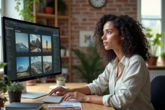 Créatrice professionnelle comparant des images sur une banque photos numérique moderne dans un studio design