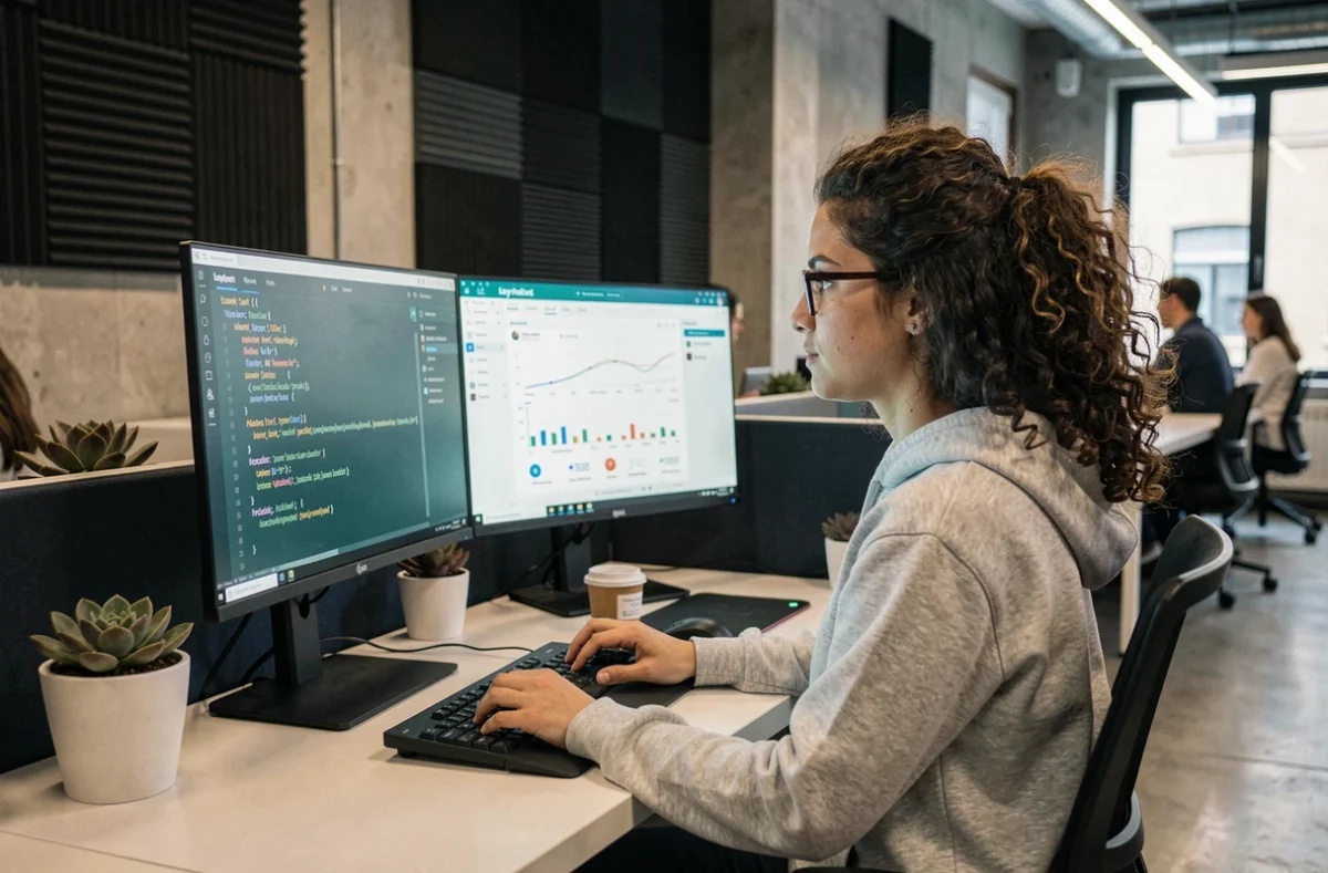Développeuse travaillant sur du code d'intelligence artificielle et une interface mobile à Lyon, représentant l'agence Czmultimedia spécialisée en développement mobile et IA