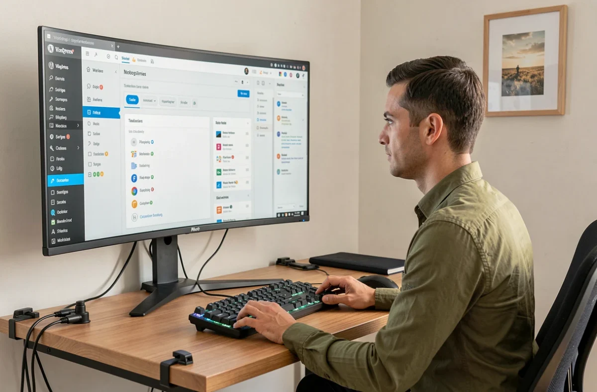 Développeur de l'agence Datta configurant un tableau de bord WordPress personnalisé sur grand écran