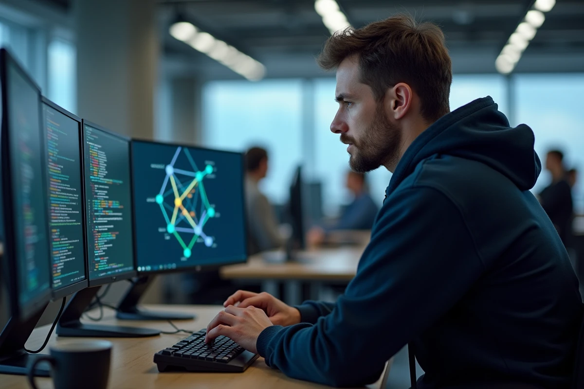 Développeur informatique analysant des matrices de permissions complexes sur un poste de travail à deux écrans dans un bureau tech moderne