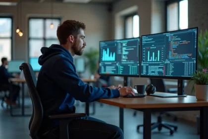Développeur masculin analysant des logiciels utilitaires système sur plusieurs écrans dans un bureau moderne