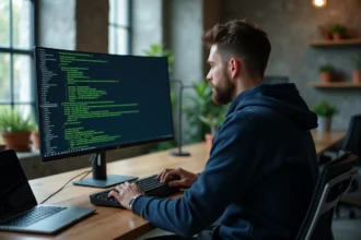 Développeur informatique analysant une pile de répertoires dans un terminal Linux sur un grand écran ultrawide dans un bureau moderne