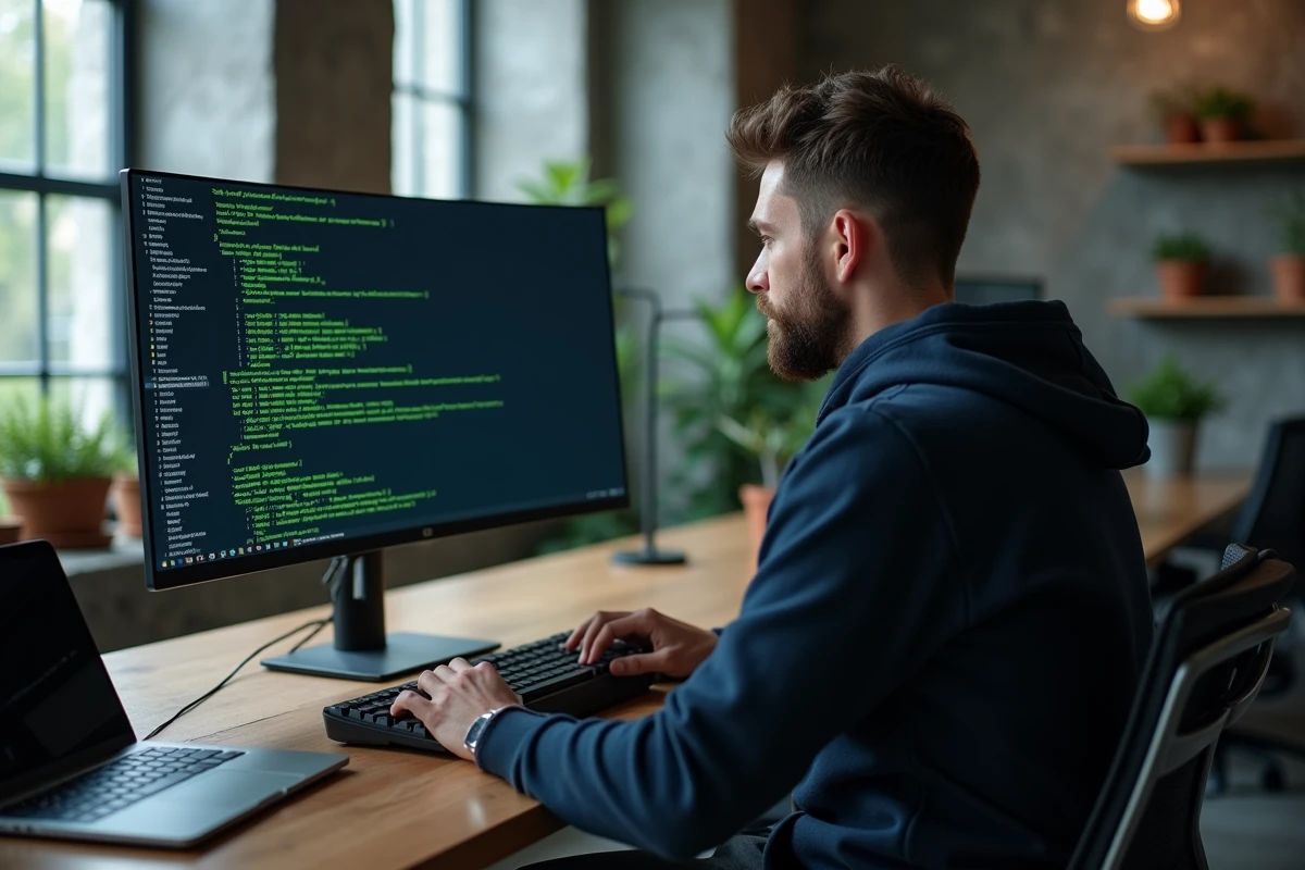 Développeur informatique analysant une pile de répertoires dans un terminal Linux sur un grand écran ultrawide dans un bureau moderne