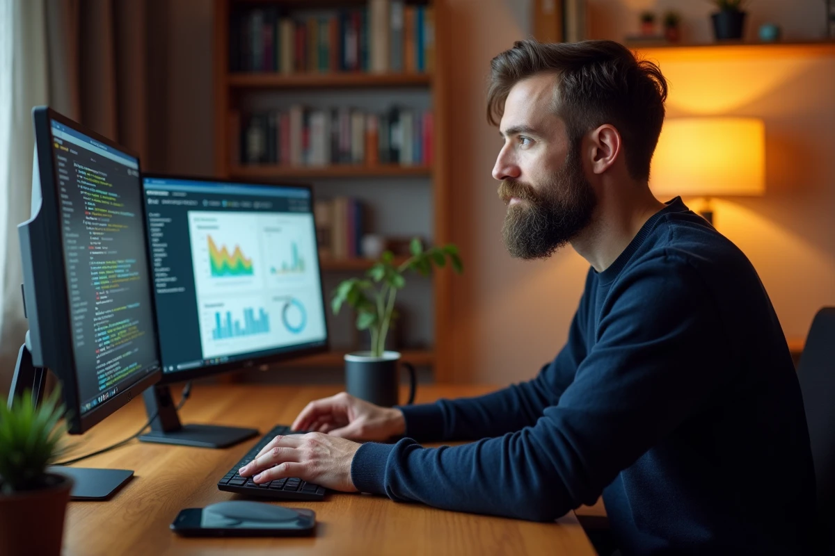 Développeur travaillant sur une plateforme webapp depuis son bureau à domicile avec deux écrans