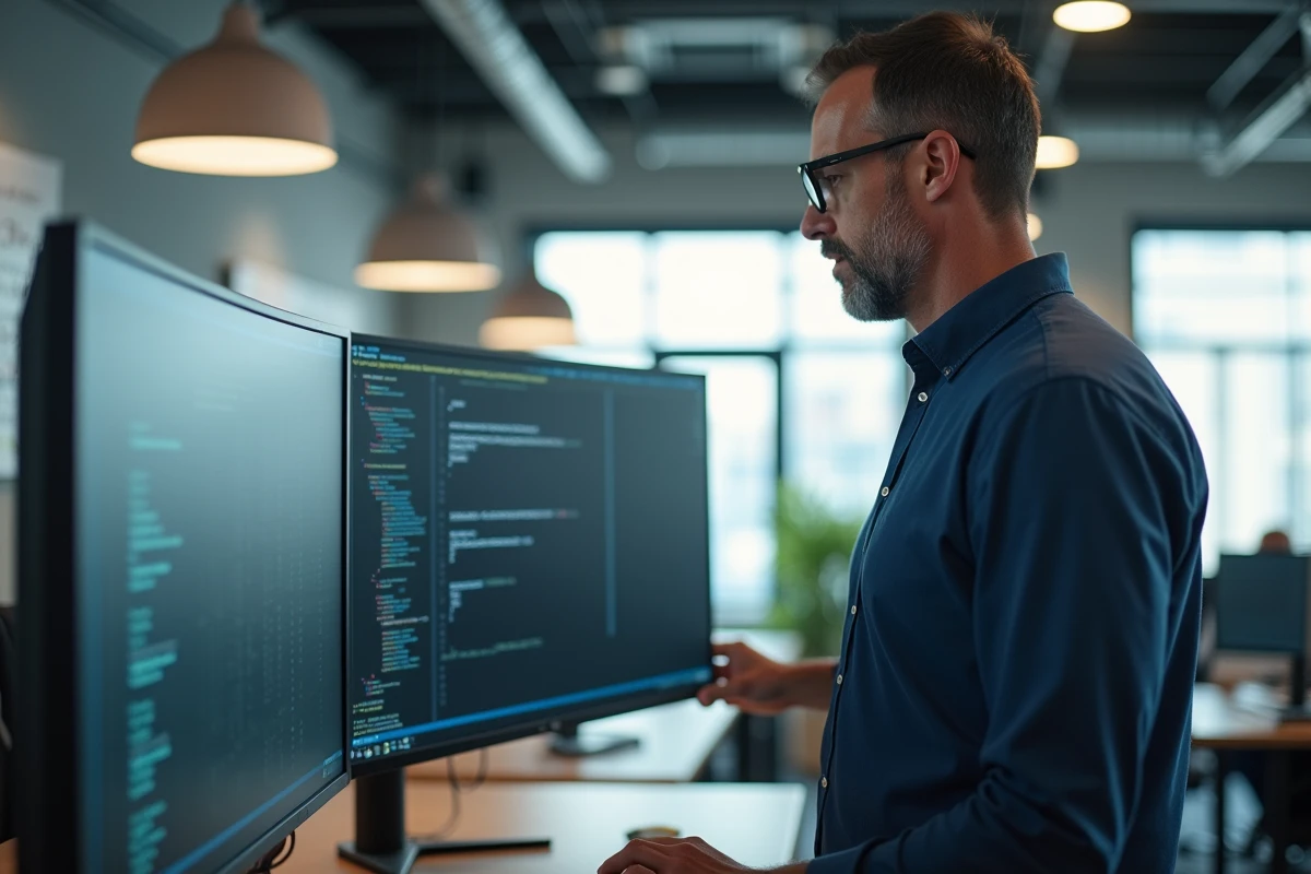 Développeur senior debout devant un grand écran affichant un tableau de compatibilité navigateur et du code CSS pour centrer un div dans un bureau open space moderne