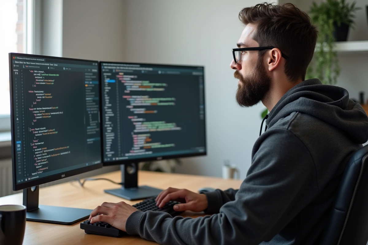 Développeur web concentré écrivant du code CSS pour centrer un élément dans un div sur son bureau à double écran