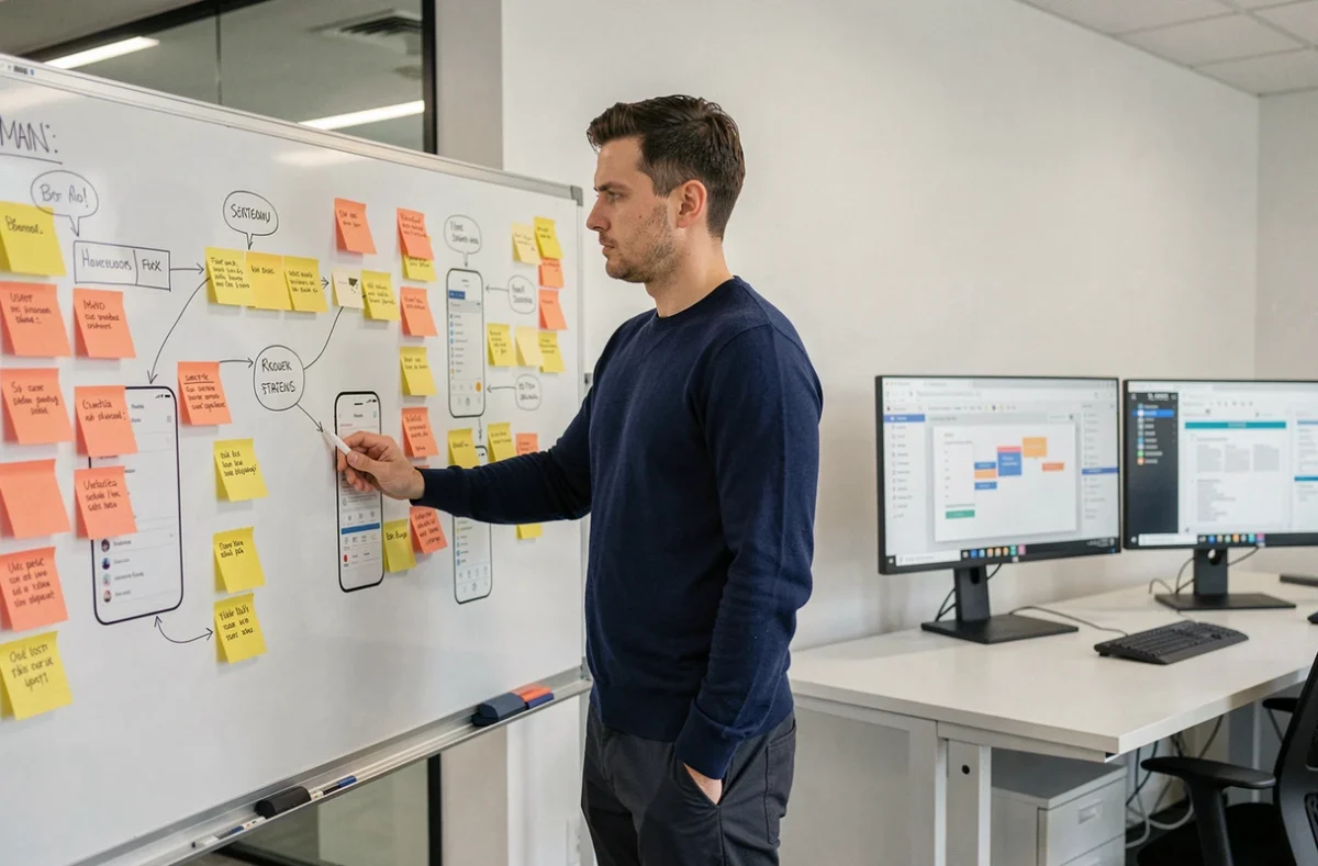 Stratège produit mobile devant un tableau blanc couvert de schémas de parcours utilisateur, représentant l'agence Digital Unicorn spécialisée en stratégie produit mobile