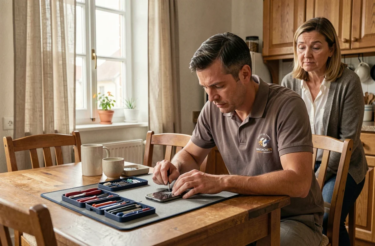 Technicien DomicilePhone réparant un smartphone à domicile dans une maison des Hauts-de-France