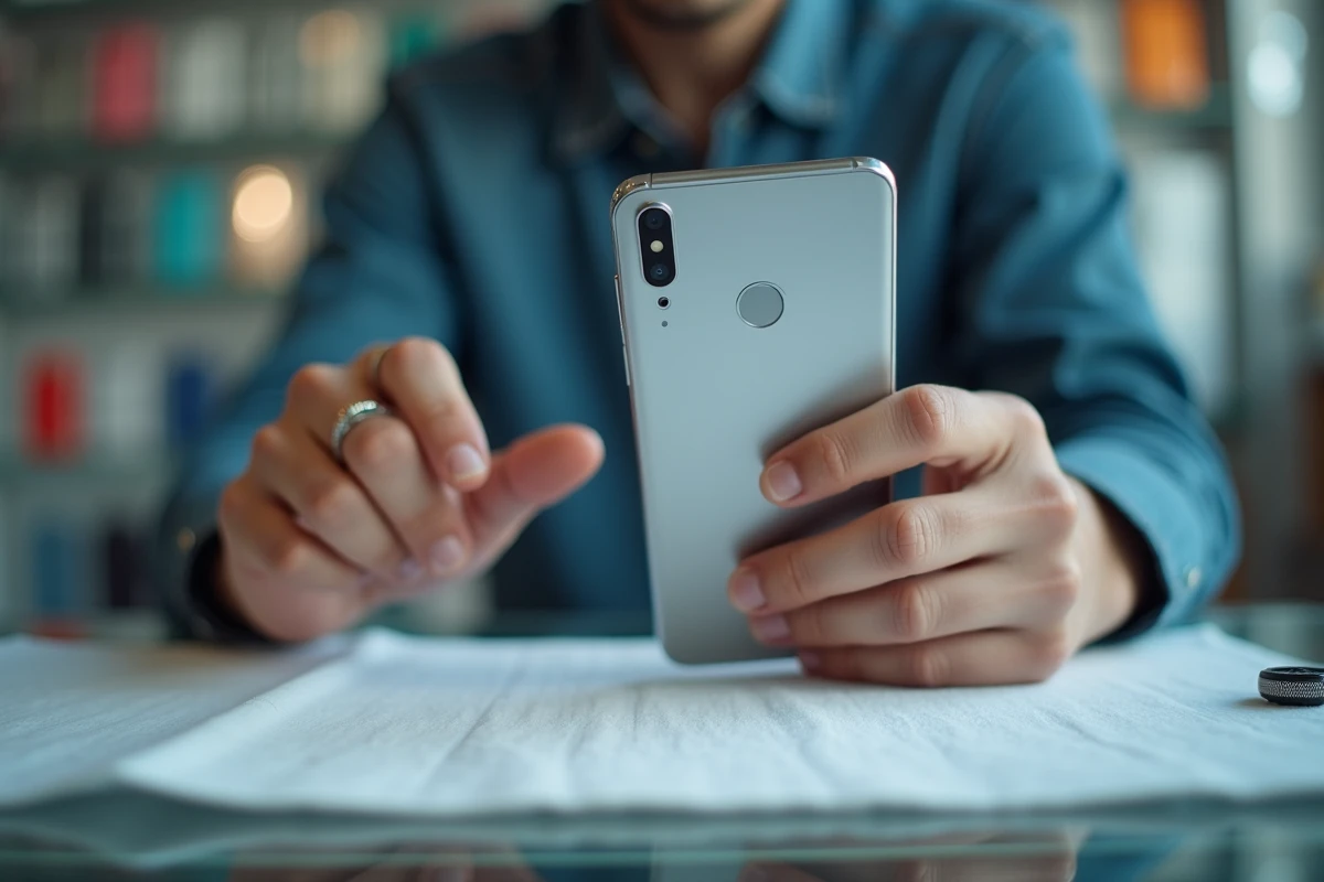 Inspection du dos et de l'objectif d'un Huawei P10 Lite d'occasion dans une boutique de téléphones reconditionnés