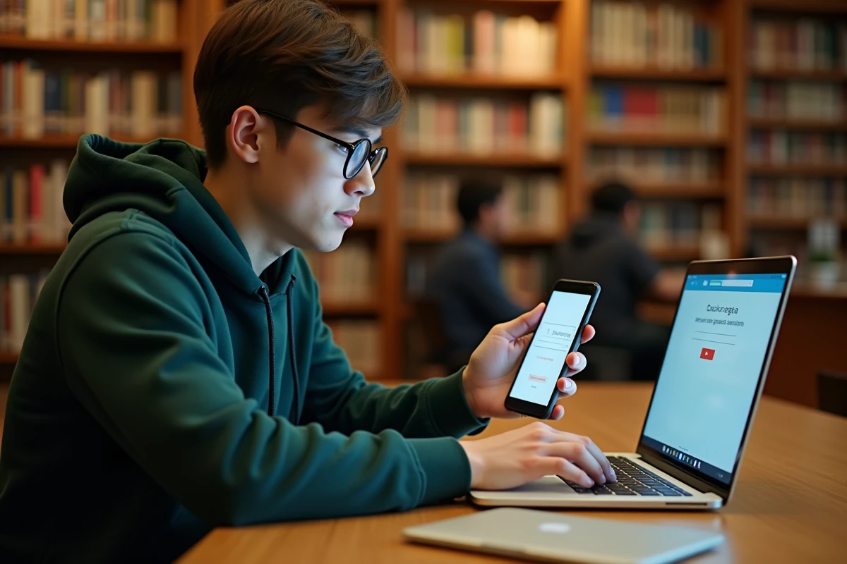 Étudiant utilisant la double authentification pour sécuriser l'accès au Webmail ac Rennes en bibliothèque universitaire