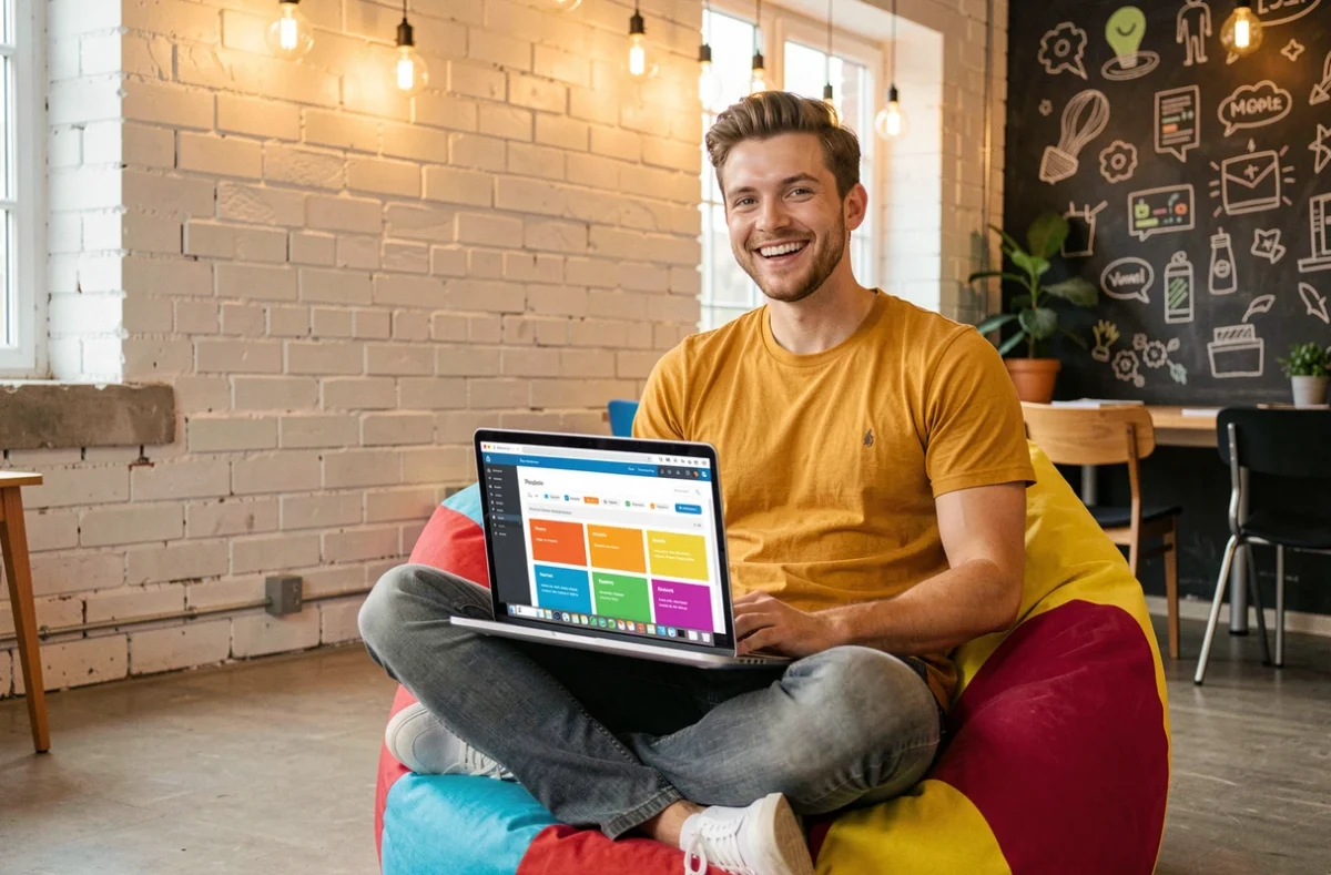 Développeur de l'agence Eazy Peazy personnalisant un thème WordPress dans un espace de coworking créatif