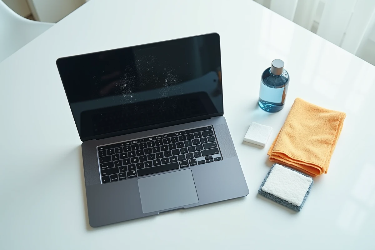 Vue de dessus d'un écran d'ordinateur portable avec traces de doigts et outils de nettoyage posés à côté sur une table blanche