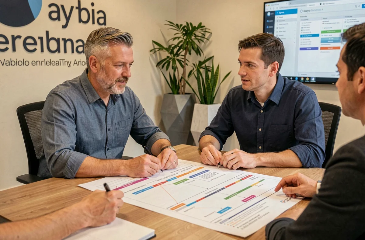 Consultant mobile présentant une feuille de route projet à un client dans un bureau lyonnais, représentant l'agence Ekinox spécialisée en accompagnement projet mobile en région lyonnaise