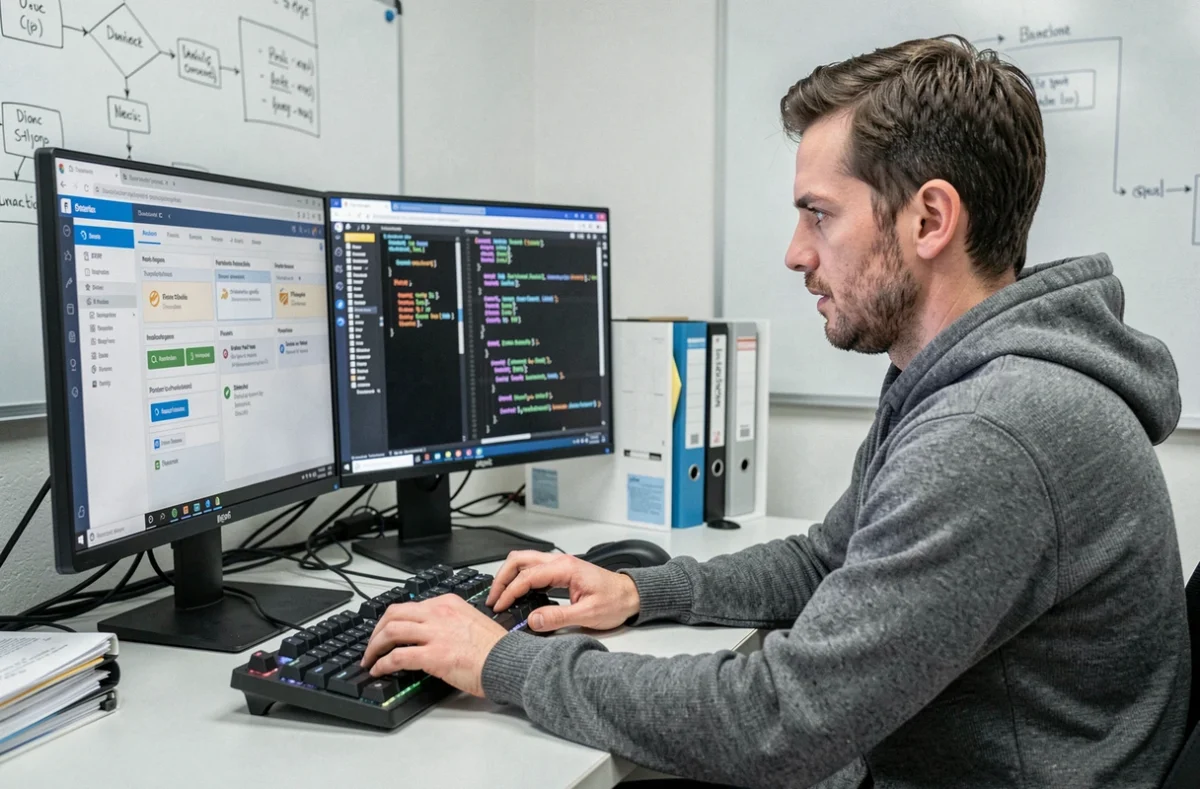 Développeur travaillant sur un logiciel métier ERP, illustrant l'expertise d'Ekylibre en développement web orienté applications professionnelles