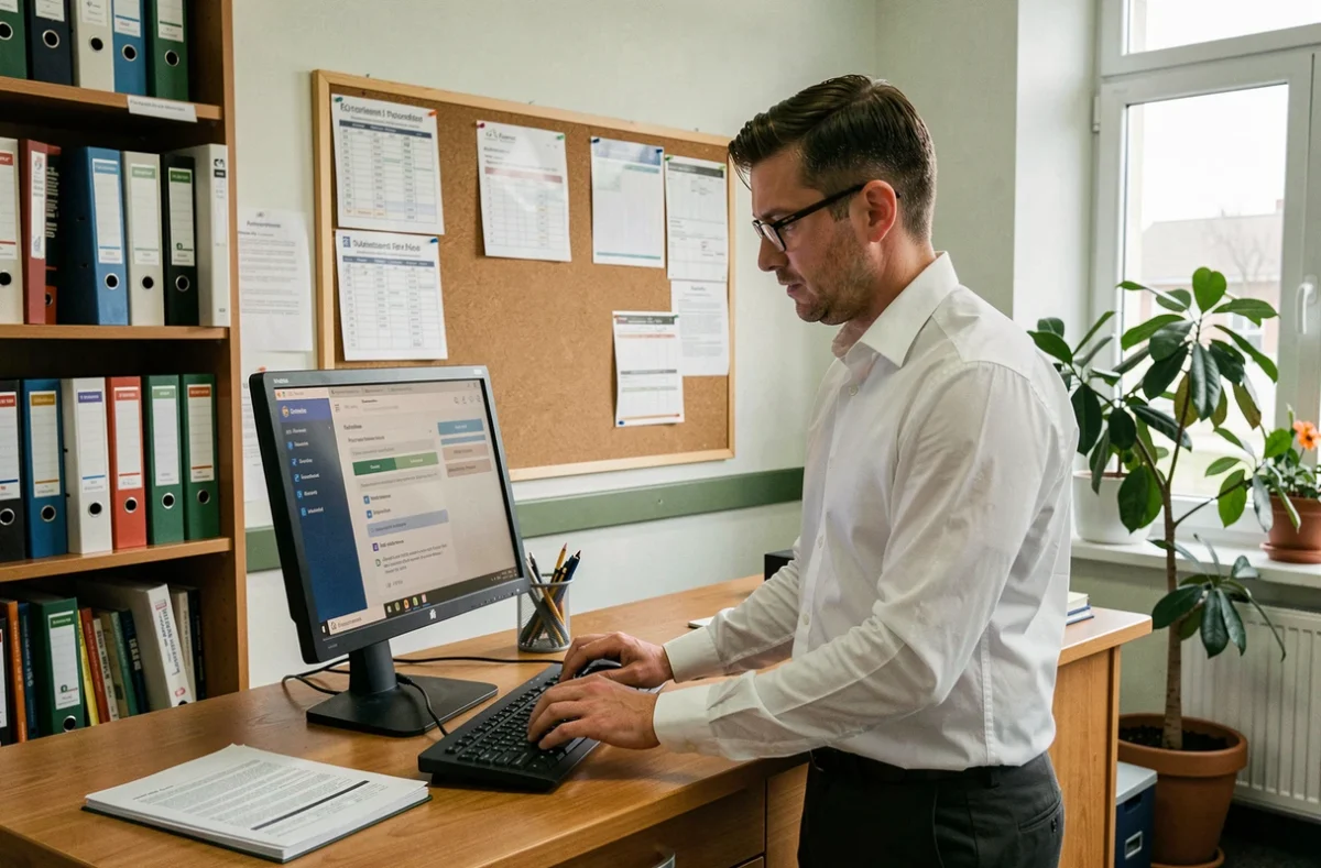 Enseignant accédant aux ressources pédagogiques de l'ENT Eduline Lille depuis un bureau administratif scolaire