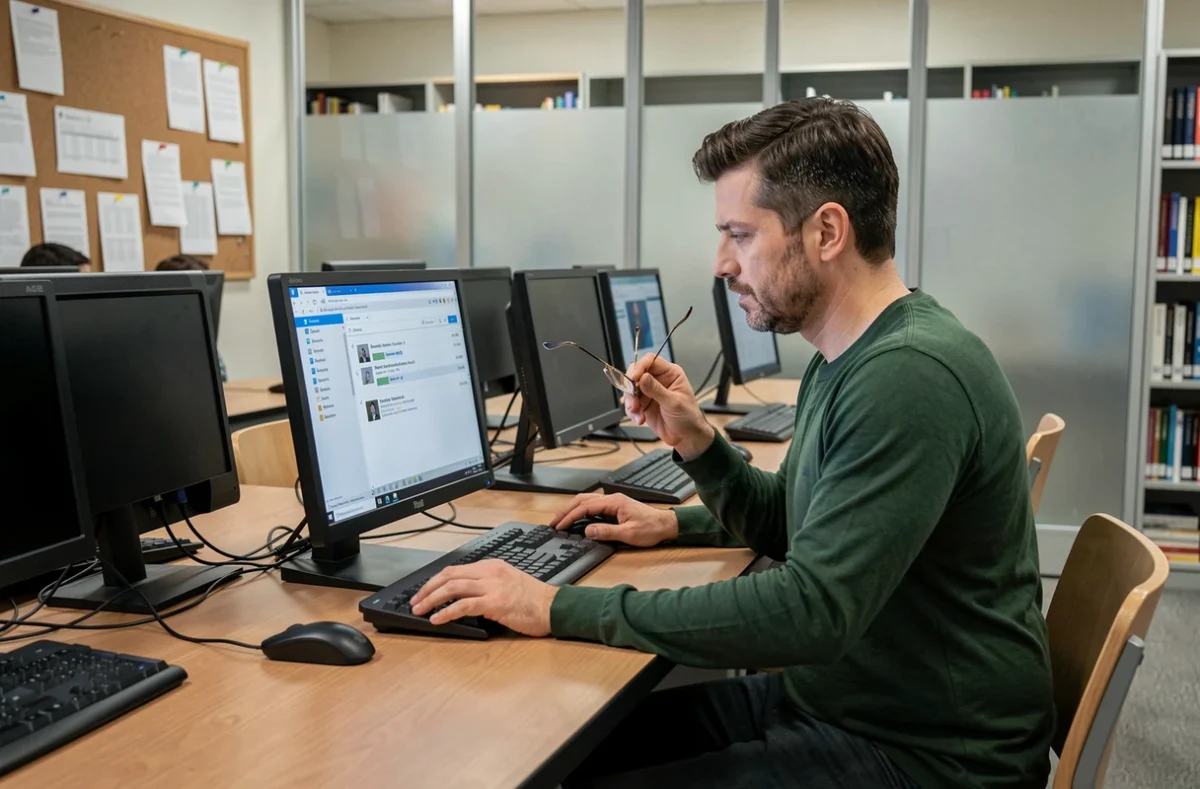 Enseignant consultant sa messagerie professionnelle mel AC Normandie en toute sécurité depuis un ordinateur de bureau en salle de ressources pédagogiques