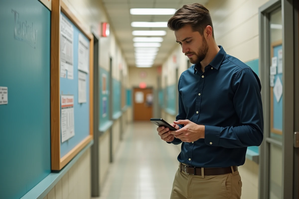 Jeune enseignant vérifiant son smartphone dans un couloir scolaire