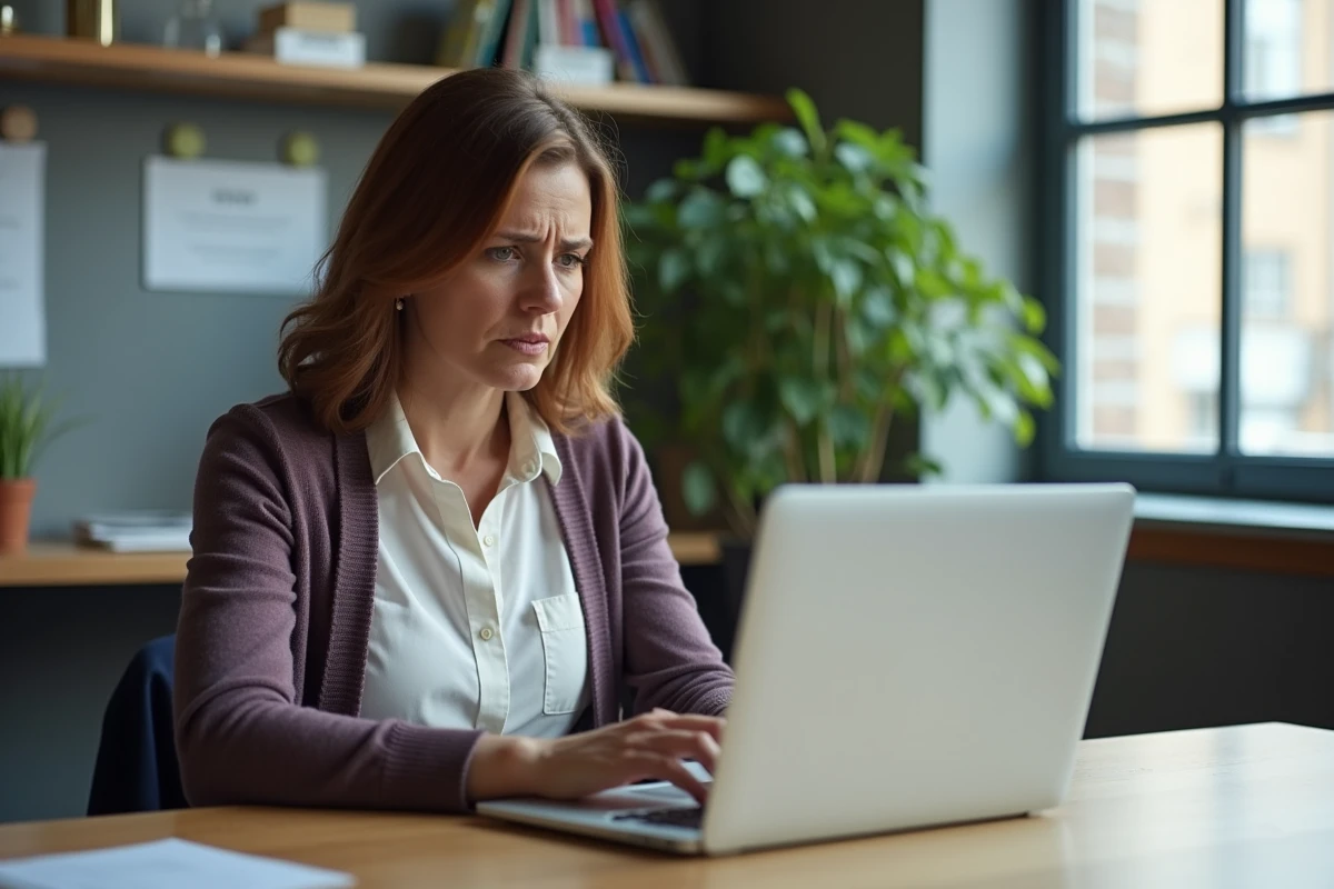 Professeure préoccupée consultat son ordinateur dans un bureau scolaire