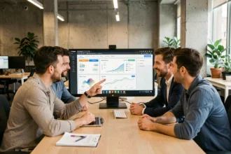 Équipe de professionnels analysant les coûts d'utilisation de l'IA Claude sur un tableau de bord en open space