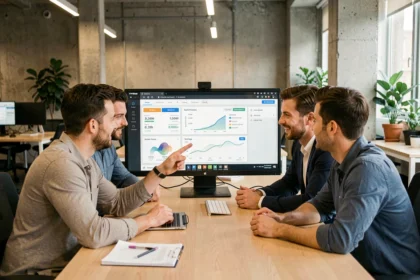 Équipe de professionnels analysant les coûts d'utilisation de l'IA Claude sur un tableau de bord en open space