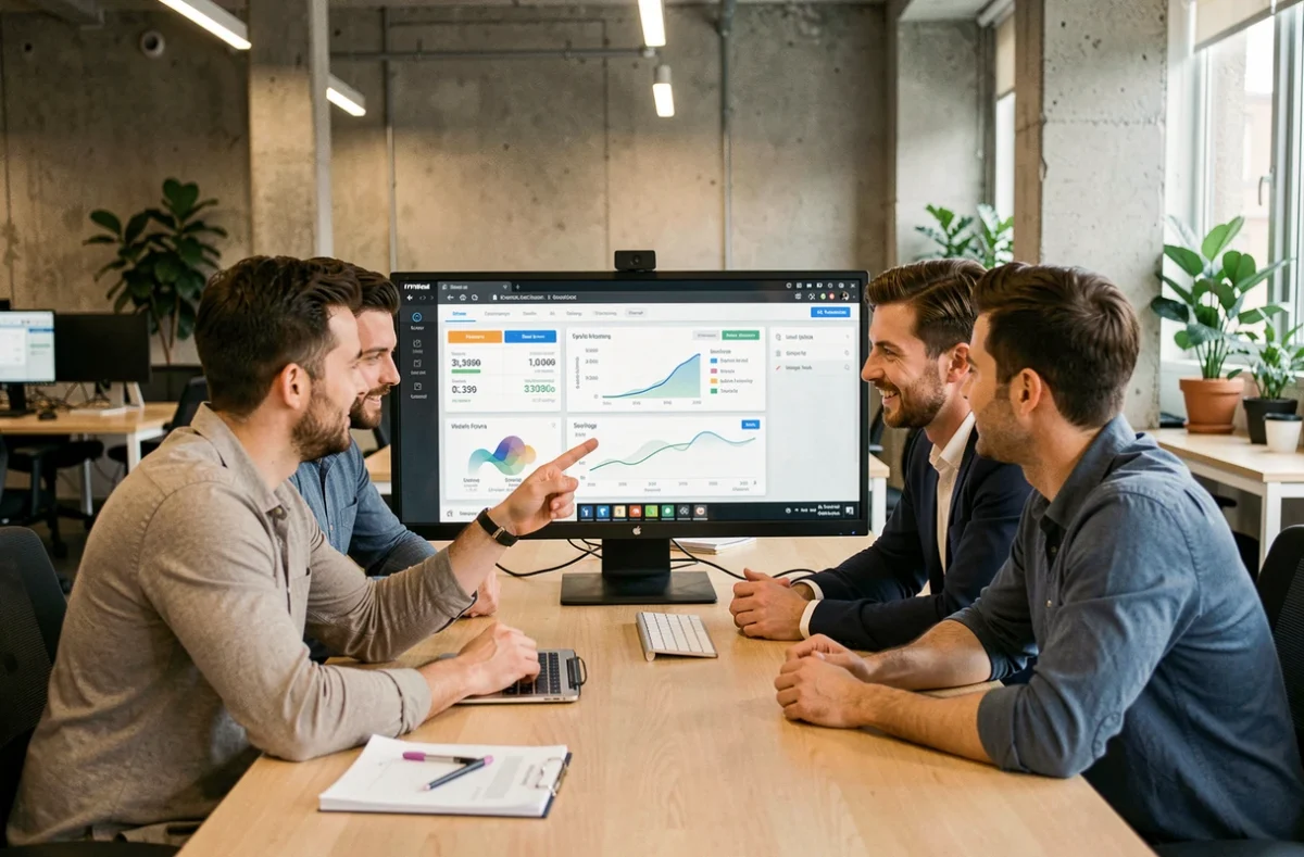 Équipe de professionnels analysant les coûts d'utilisation de l'IA Claude sur un tableau de bord en open space