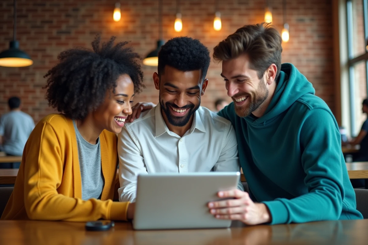 Équipe collaborative découvrant une plateforme webapp sur tablette et ordinateur dans un espace de coworking