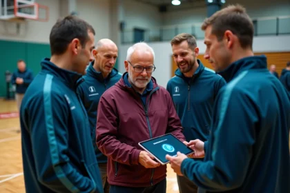 Groupe de sportifs discutant autour d'une tablette en gym