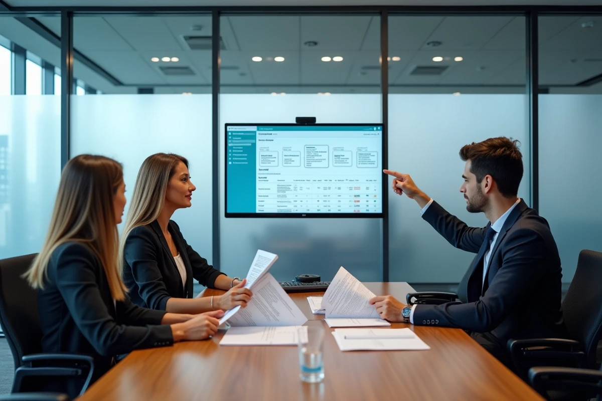 Équipe juridique en réunion analysant des résumés automatiques issus d'une plateforme de veille juridique intelligente