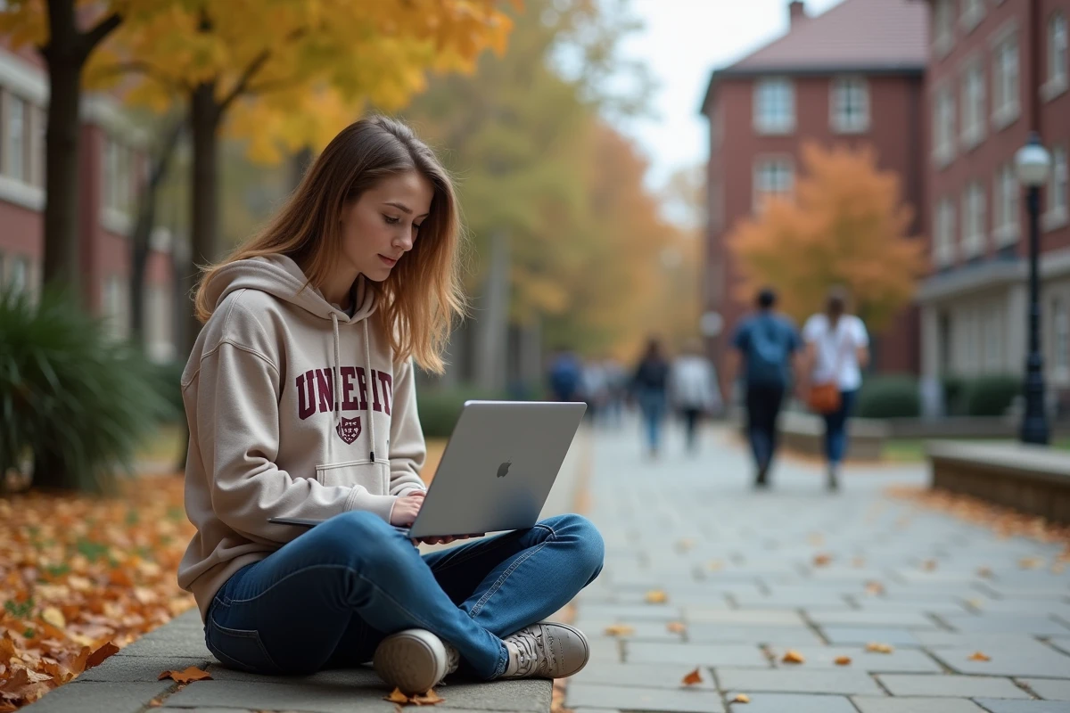 Étudiante en alternance accédant au webmail de l'université de Nantes en extérieur sur un campus