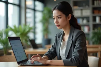 Étudiante en stage consultant sa messagerie webmail Nantes sur un ordinateur portable dans un bureau moderne