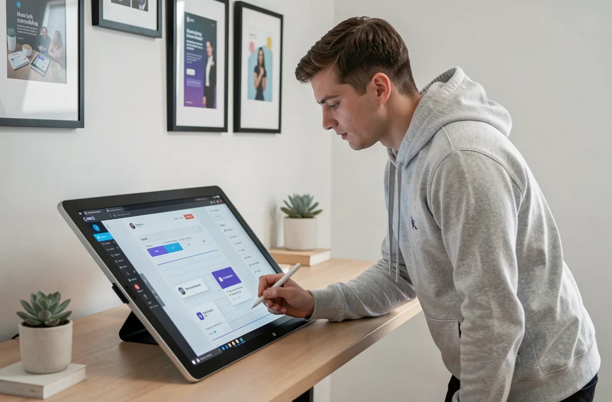 Designer UX de l'agence Expone créant une interface web responsive sur tablette graphique
