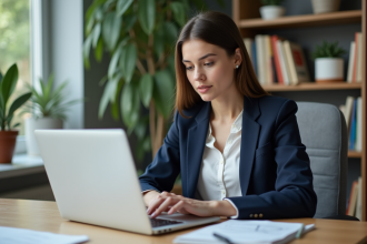 Jeune femme analysant des graphiques SEO sur un ordinateur