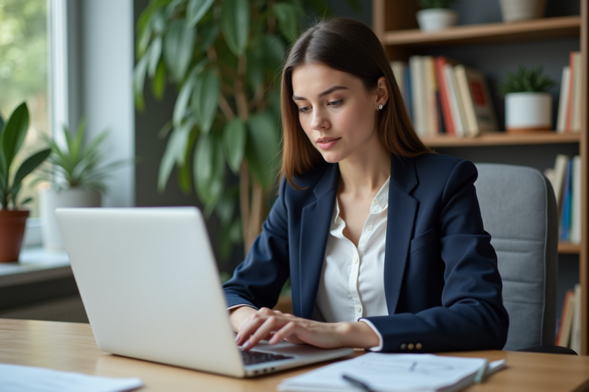 Jeune femme analysant des graphiques SEO sur un ordinateur