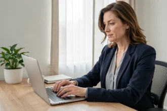 Femme professionnelle utilisant un ordinateur portable en sécurité depuis son bureau à domicile pour accéder à la messagerie académique mel AC Normandie
