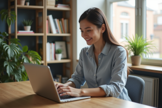 Femme détendue travaillant sur son ordinateur à domicile
