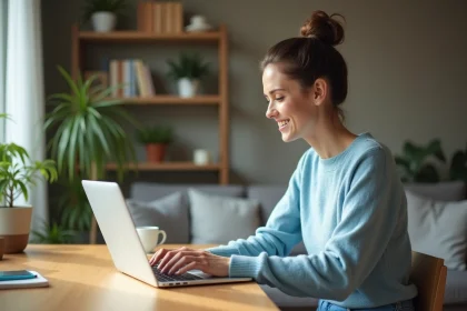 Femme souriante travaillant sur son ordinateur dans un salon cosy