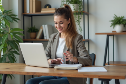 Femme souriante travaillant sur une landing page dans un bureau moderne