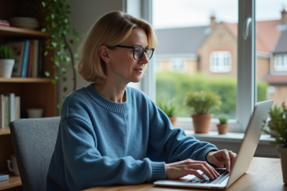 Femme d'âge moyen travaillant sur un ordinateur à la maison