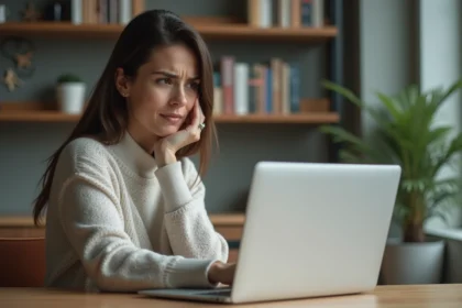 Jeune femme au bureau regardant un écran d'ordinateur avec souci