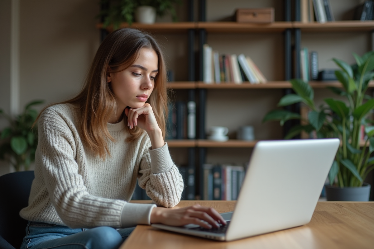 Jeune femme au bureau examine options de securite wifi