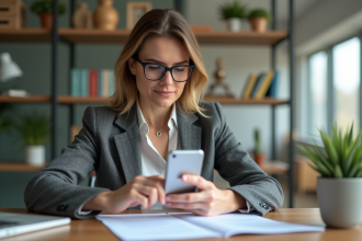 Femme en blazer et lunettes au bureau moderne
