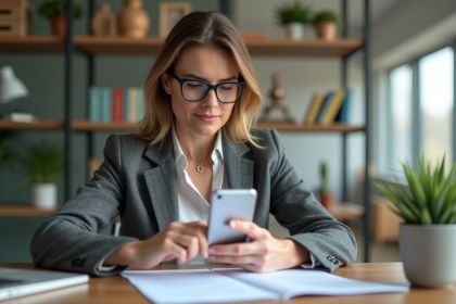 Femme en blazer et lunettes au bureau moderne