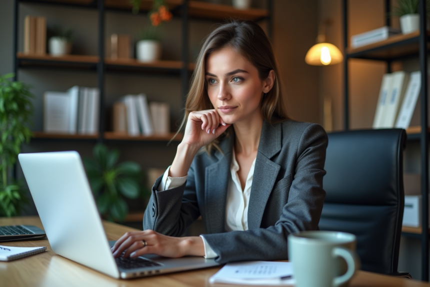 Femme d affaires concentrée sur un ordinateur portable avec base de données SQL