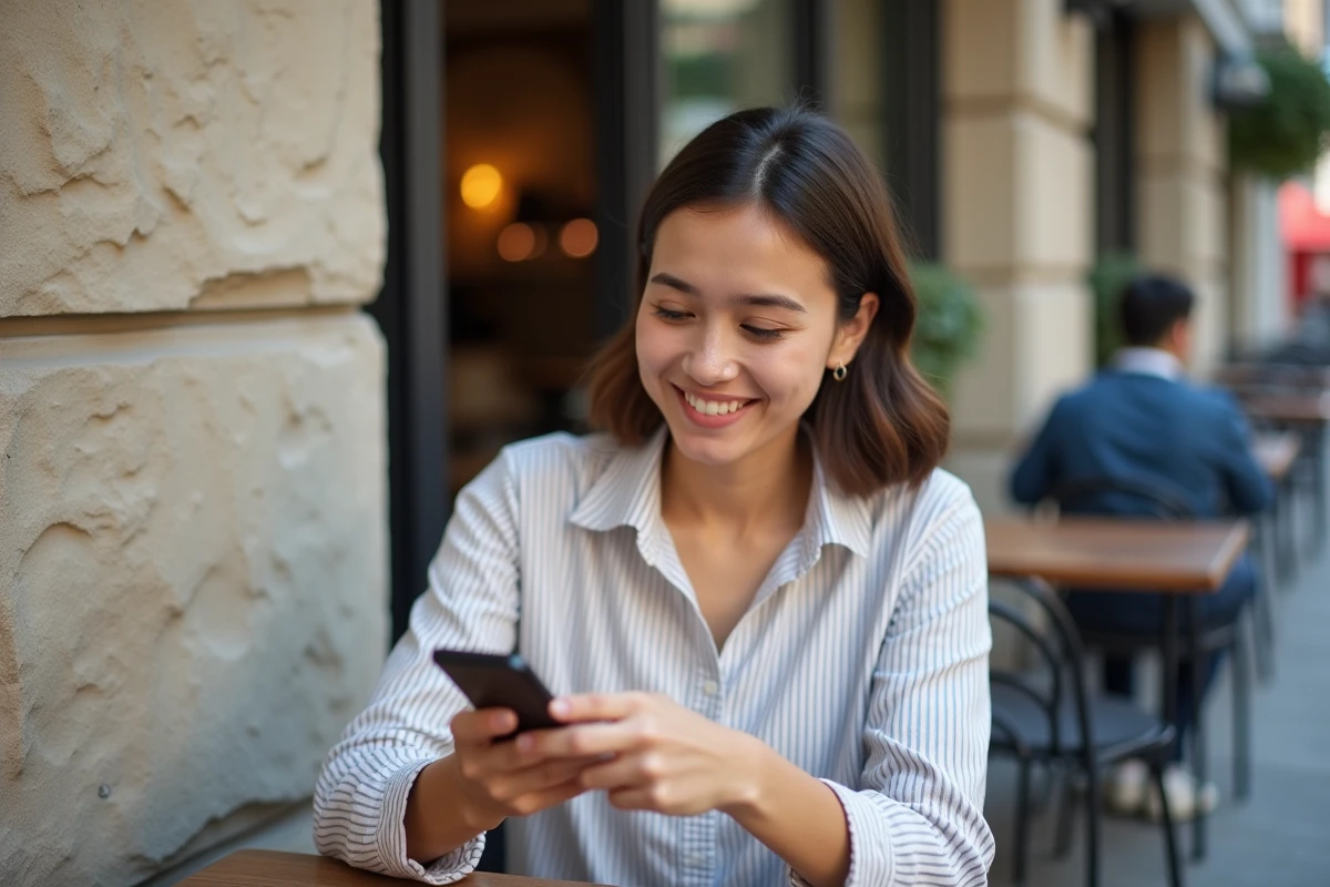Femme souriante partageant une photo sur smartphone en terrasse urbaine