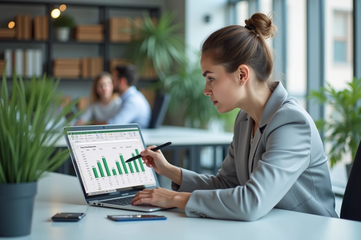 Femme utilisant Excel sur un ordinateur portable pour calculer une moyenne pondérée dans un bureau moderne