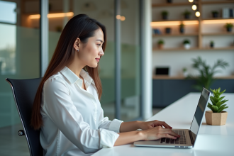 Jeune femme au bureau interagissant avec un chatbot