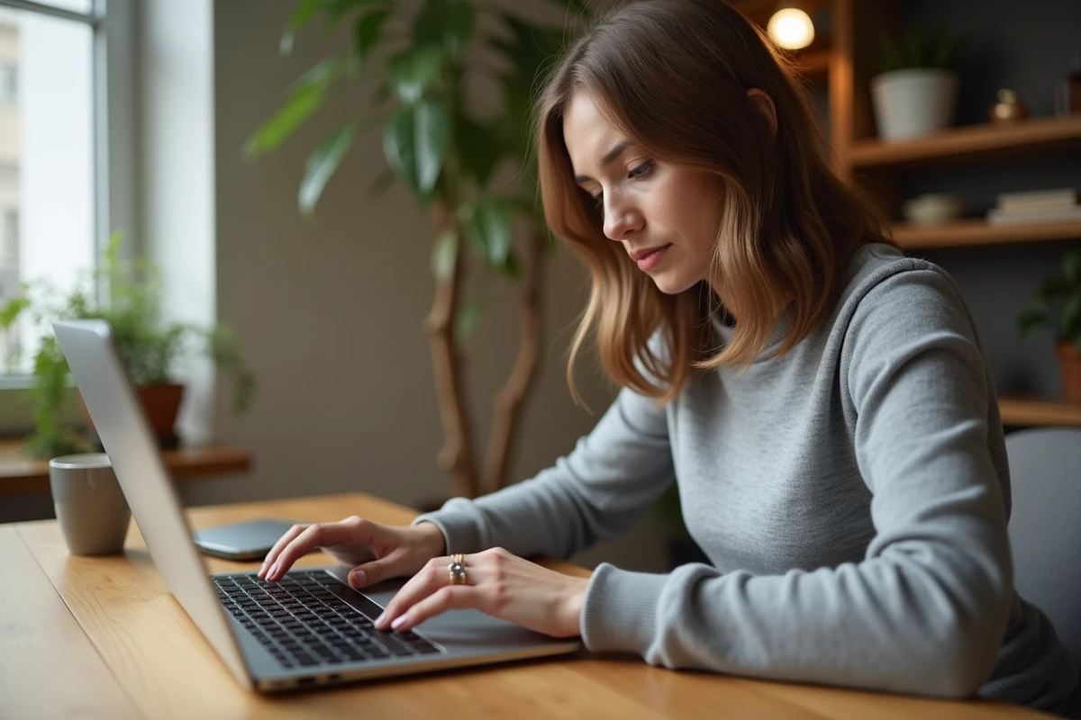 Femme tapant sur un clavier d'ordinateur portable pour insérer un arobase